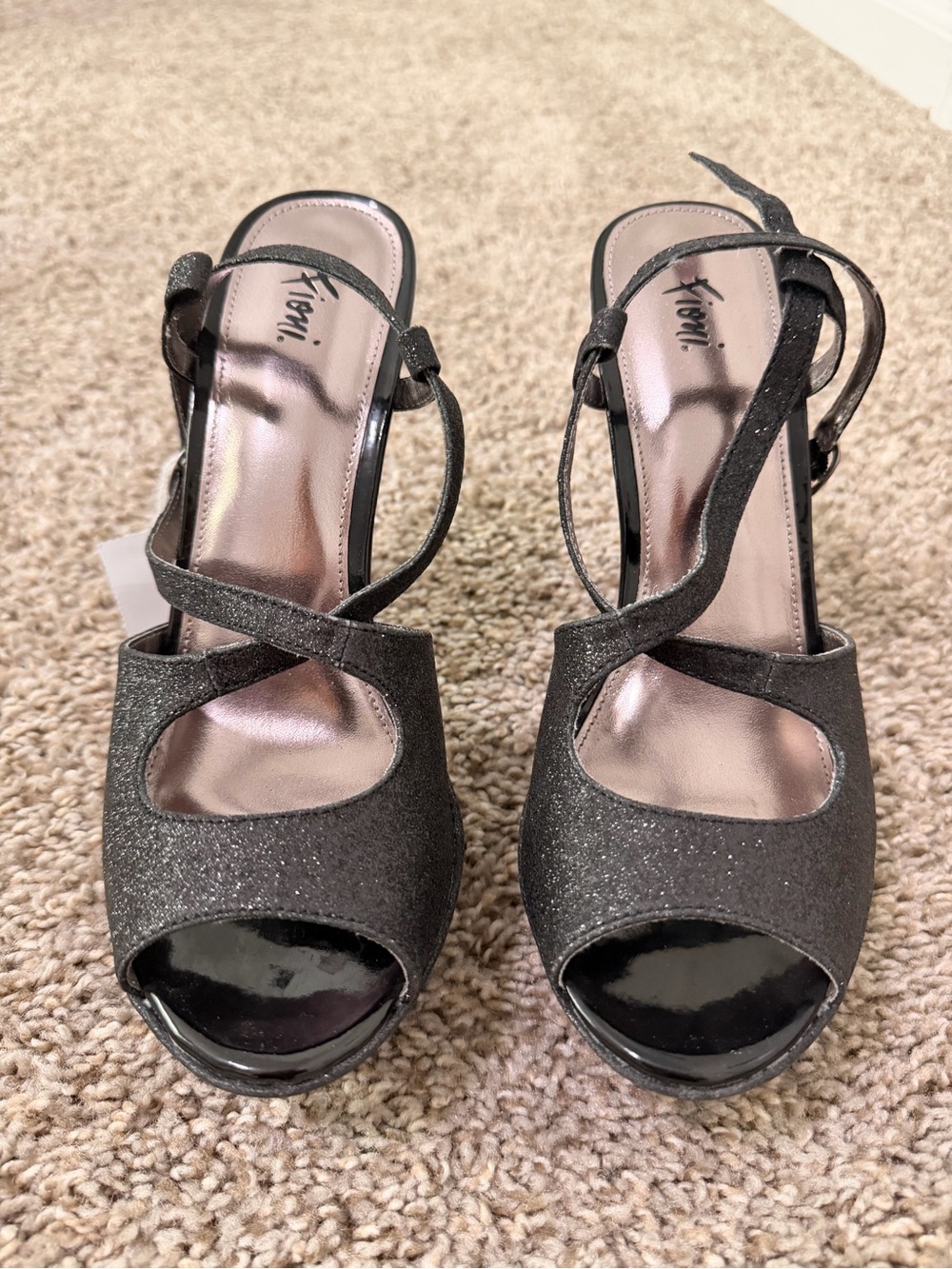 FIONI Clothing Black Sparkle Crisscross Peep-Toe Slingback Heels